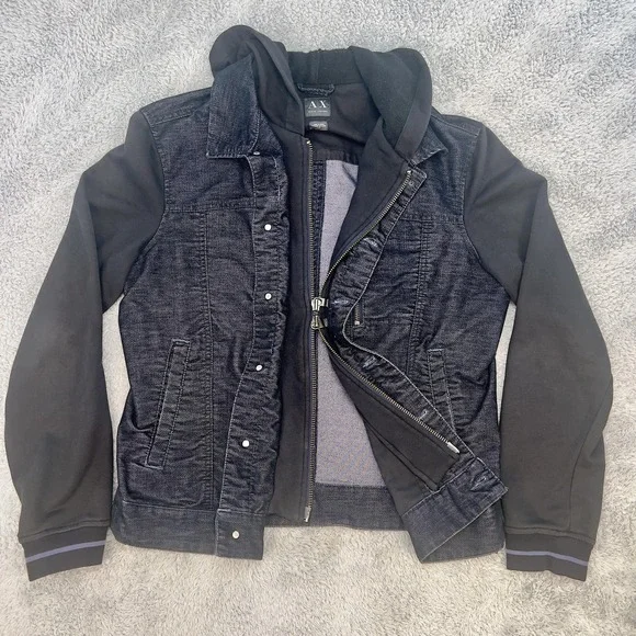 Armani Exchange Jacket Mens Large Black Denim Hooded Mixed Media Zip Snap Hybrid - Picture 2 of 8